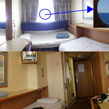 ２階デッキ（海側）のキャビン内部。