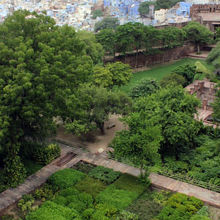 手入れされた庭園の向こうに青い町並み