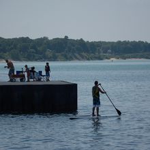 サーフィンボード？の上で、漕いでいます。