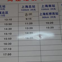 周荘のバス時刻表。上海行きはあまり多くない
