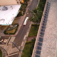 私の部屋から、中庭のプール方面。デッキチェアの列。