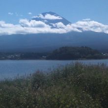 河口湖北岸から、富士山をバックに眺める鵜の島の様子