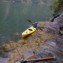 目的地に到着、ガイドさんが、カヤックを接岸中です。
