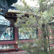 塀の隙間から中の社殿がチラッと見えます。