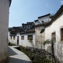 村をめぐる水路沿いの屋並み。