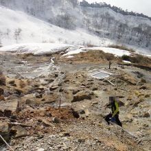 仙気の湯。地熱で周辺の雪は溶けている