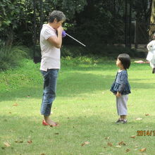 襄陽公園の芝生広場で親子で遊んでいます。