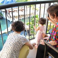 ベランダから、イルカが泳いでいるのをみて、子供は大喜び