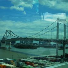 リムジンバスの車内から撮影したレインボーブリッジです