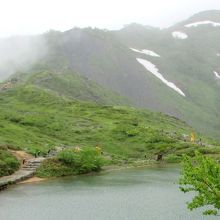 左上の尾根伝いを行くと「唐松岳」