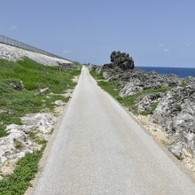 碑まで行くまっすぐな道、左は空港滑走路