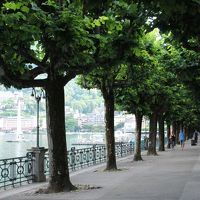 ホテルの前の湖岸に沿った緑の遊歩道