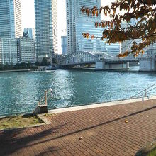 川沿いの遊歩道からは勝鬨橋がよく見えます。