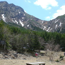 行者小屋から登って歩いた山を見上げて充実の時間