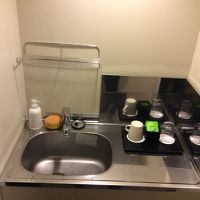 ミニキッチン。流しの下に電子レンジあり。コンロありません