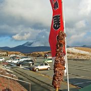 草千里グリーンパークで阿蘇山をバックに熊本名物馬刺串焼をいただく