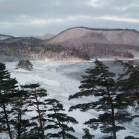 凍った桧原湖。水墨画のような松林。