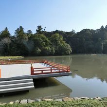 休憩所からガラス越しに見た池です。