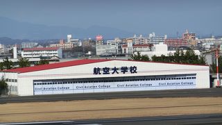 JR宮崎空港駅が隣接。展望デッキにはR/W?入りの全体図。空港前にはヤシの木と。忘れちゃいけない?航空大学校も。
