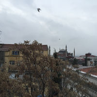 最上階のレストランからちらっとアヤソフィアが見えます。