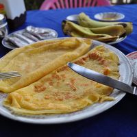 朝食のパンケーキ、２Fのテラスで食べます。