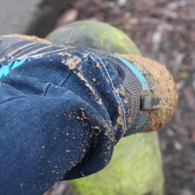 フットパスを歩いた後の泥だらけの靴とズボン。洗うのが大変！