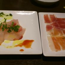 前菜のカルパッチョと生ハム