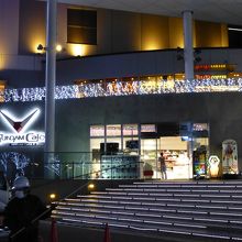 階段の上にあります．スロープもあります．