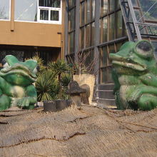 植物園前に鎮座する二匹のカエル像