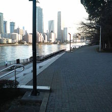 聖路加ガーデンの中を抜けて隅田川沿いに出れます。