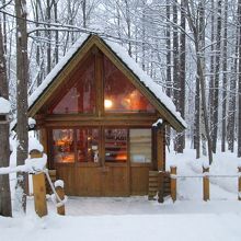 雪に包まれたログハウスが並んでいる。