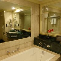 鏡がいっぱい。バスタブにテレビがついてます。