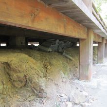 国宝の裏側に周ると基礎柱が丸見え。500年前からこの風景