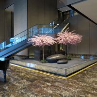 24階のエレベーターホール、枯山水の庭には満開の桜