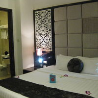 左奥バスルーム、左にワードローブ、ベッド手前にTV冷蔵庫など