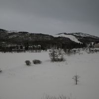 ホテルの窓から白樺湖と山々を望む。