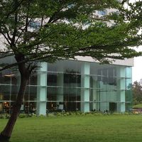 庭から朝食会場を見ると