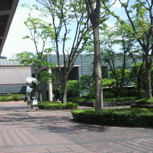 本館及び新館の前には、緑が映える庭園のような広場が広がってい