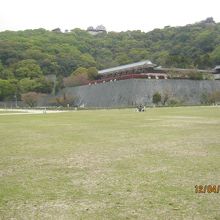 奥に天あります。守閣と手前に二の丸史跡庭園が