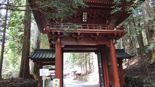 燈籠が建ち並ぶ神道にたつ門
