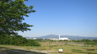 夕焼けの丘から広い河川敷に大山、丹沢の山並み