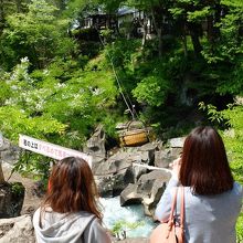 厳美渓対岸のお店からロープを伝って籠入りお団子が届きます。