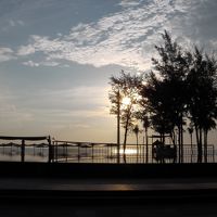 プールサイドからの朝日を望む