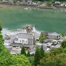 丘から見下ろした崎津天主堂と海の様子です。