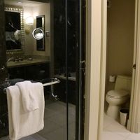 シャワールームの横に扉付のトイレ　その右はバスタブ