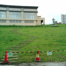 建物の斜面に芝を貼った遊び場。