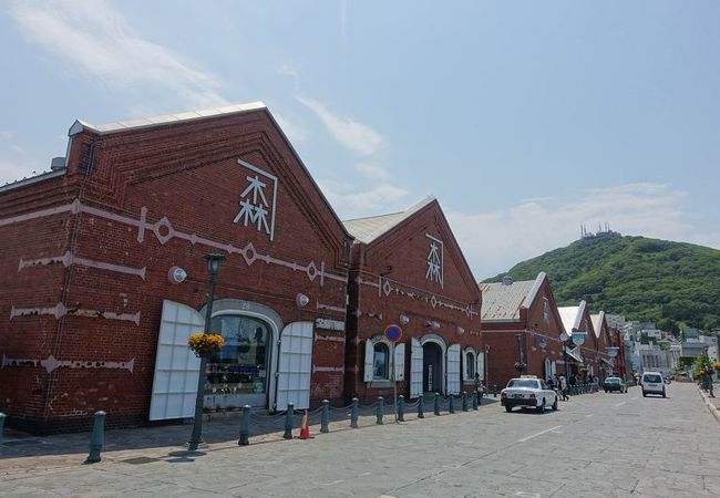 赤レンガ倉庫群と函館山。