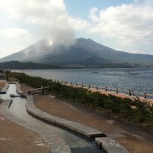 足湯につかりながら桜島鑑賞