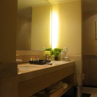 ダブルシンクのバスルーム、奥のトイレは…