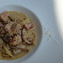 今日のパスタ ポルチーニ茸や、特製ベーコンを使用されてました